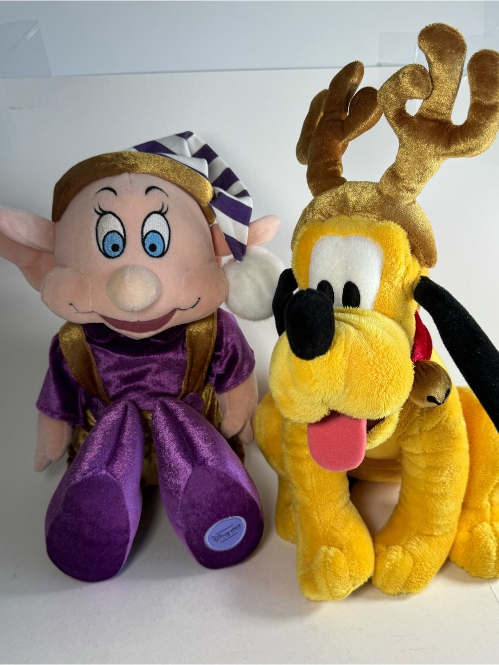 Disney Store Plush Dopey Dwarf Purple Gold Pluto Jingle Bells 12" Christmas Set
